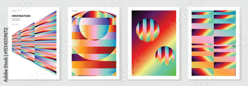 Rainbow bridge gradient poster background vector set. Cover template with vibrant perspective geometric prism shapes. Ideal design for social media, cover, banner, flyer.