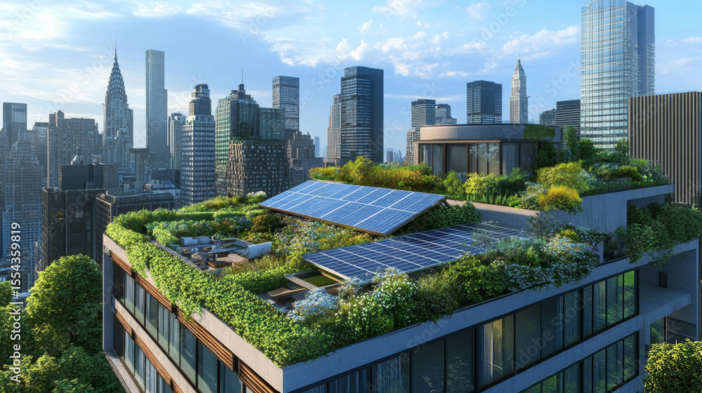 Obraz premium Rooftop garden with solar panels in an urban setting