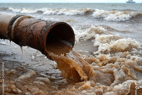Brown polluted water flowing from a pipe into coastal waters.