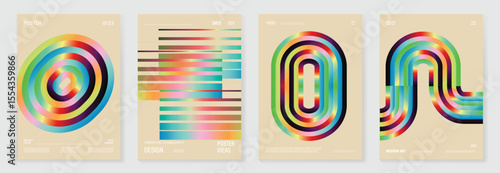 Rainbow bridge gradient poster background vector set. Cover template with vibrant perspective geometric prism shapes. Ideal design for social media, cover, banner, flyer.