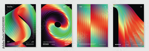 Rainbow bridge gradient poster background vector set. Cover template with vibrant perspective geometric prism shapes. Ideal design for social media, cover, banner, flyer.