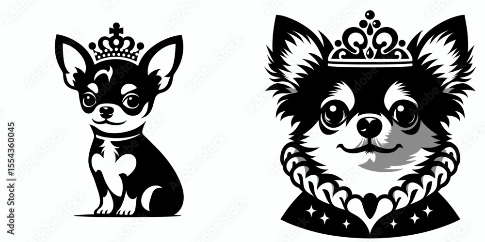 Fototapeta premium A Chihuahua Dog Wear Princess Crown. Cartoon Animal Clipart Silhouette Vector Illustration Line Art Illustration. Tiny canine in regal headpiece tiara on small pet for play.