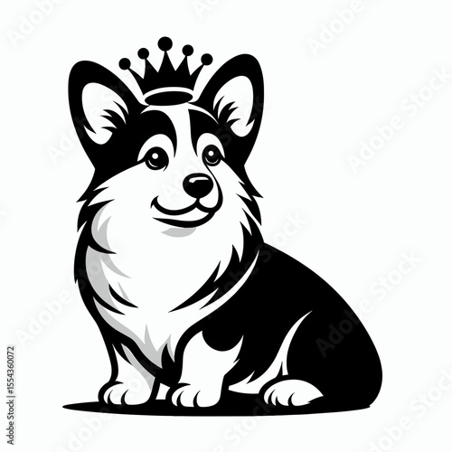 A Corgi Dog Wear Princess Crown. Cartoon Animal Clipart Silhouette Vector Illustration Line Art Illustration. Charming welsh doggie in regal headpiece canine pet with royal jewel.