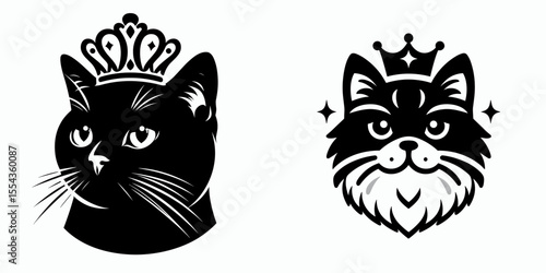 A Domestic Shorthair Cat Wear Princess Crown. Cartoon Animal Clipart Silhouette Vector Illustration Line Art Illustration. House feline with royal headpiece lovely kitten adorned by little.