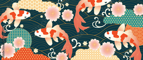 Luxury oriental pattern background vector. Chinese and Japanese oriental line art with sea wave, koi fish, cherry blossom, cloud. Elegant ocean landscape illustration design for wall art, wallpaper.