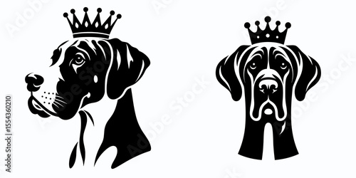 A Great Dane Dog Wear Princess Crown. Cartoon Animal Clipart Silhouette Vector Illustration Line Art Illustration. Giant hound pet apparel headpiece regal coronet for female canine.