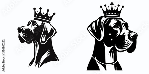A Great Dane Dog Wear Princess Crown. Cartoon Animal Clipart Silhouette Vector Illustration Line Art Illustration. Huge canine pet costume royal tiara accessory for celebration.