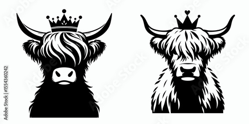 A Highland Cow Wear Princess Crown. Cartoon Animal Clipart Silhouette Vector Illustration Line Art Illustration. Bovine with headgear tiara on furry farm animal horned cattle.