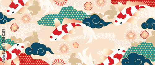 Luxury oriental pattern background vector. Chinese and Japanese oriental line art with sea wave, koi fish, cherry blossom, cloud. Elegant ocean landscape illustration design for wall art, wallpaper.