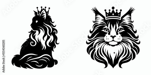 A Maine Coon Cat Wear Princess Crown. Cartoon Animal Clipart Silhouette Vector Illustration Line Art Illustration. Big feline with royal headwear majestic cat adorning tiara.