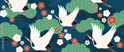 Luxury oriental pattern background vector. Chinese and Japanese oriental line art with crane bird, cherry blossom, cloud. Elegant illustration design for wall art, wallpaper, interior, packaging.