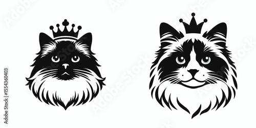 A Ragdoll Cat Wear Princess Crown. Cartoon Animal Clipart Silhouette Vector Illustration Line Art Illustration. Fluffy kitty in regal diadem lovely feline adorns royal headpiece.