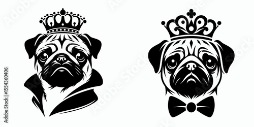 A Pug Dog Wear Princess Crown. Cartoon Animal Clipart Silhouette Vector Illustration Line Art Illustration. Canine in tiara little dons royal headpiece pet fancy diadem.