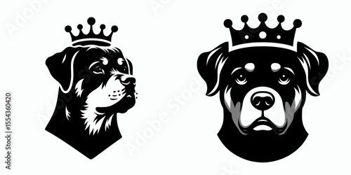 A Rottweiler Dog Wear Princess Crown. Cartoon Animal Clipart Silhouette Vector Illustration Line Art Illustration. Large canine in tiara royal head piece for pet pooch.