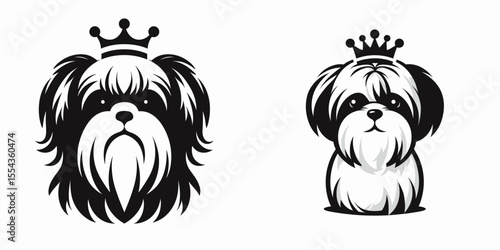 A Shih Tzu Dog Wear Princess Crown. Cartoon Animal Clipart Silhouette Vector Illustration Line Art Illustration. Tiny canine in fancy dress with royal headgear pup costume.
