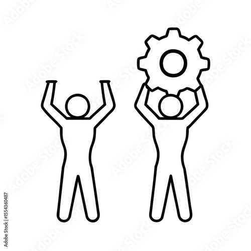 Two stick figures holding up arms a gear shape in a handdrawn line art style cogwheel
