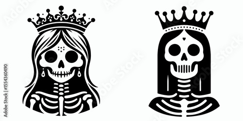 A skeleton Wear Princess Crown. Cartoon Animal Clipart Silhouette Vector Illustration Line Art Illustration. Bony figure adorn royal headgear skull don regal diadem cranium sport coronet.