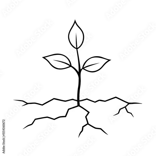 Line art of a plant with leaves roots growing from cracked earth on background vector