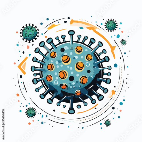 Vector Illustration of a Virus with Bold Black Outlines and Flat Colors in a Modern Graphic Style