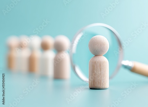 On a teal surface with a soft background, a series of wooden figures stand in a row, with a magnifying glass highlighting one in particular to illustrate the concept of selection and observation