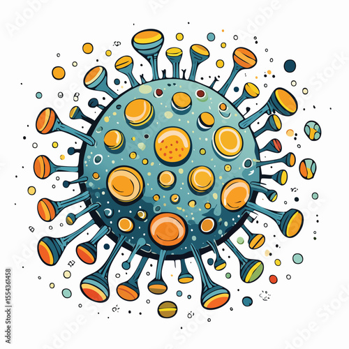 Vector Illustration of a Virus with Bold Black Outlines and Flat Colors in a Modern Graphic Style