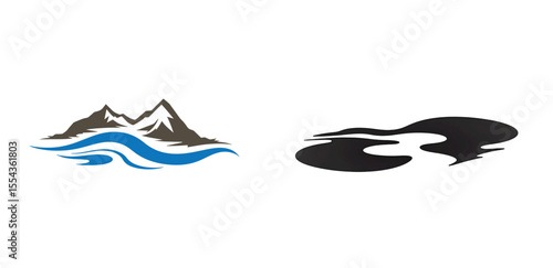 Logos of rivers, creeks, riverbanks and streams. River logo with combination of mountains and farmland with concept design vector illustration template