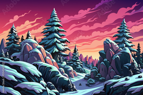 Vector cartoon of snowy winter hills and forest in gentle snowfall, ideal for Christmas designs, hiking themes, and seasonal travel concepts