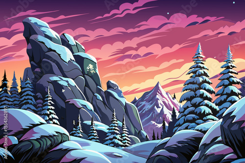 Vector cartoon of snowy winter hills and forest in gentle snowfall, ideal for Christmas designs, hiking themes, and seasonal travel concepts