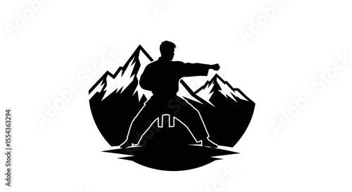 Asian man, fighter practices martial arts in high mountains