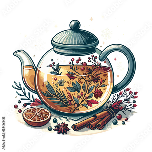 Herbal tea in glass teapot with cinnamon and citrus illustration