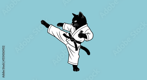  Ginger cat in karate uniform performs kick on light blue background