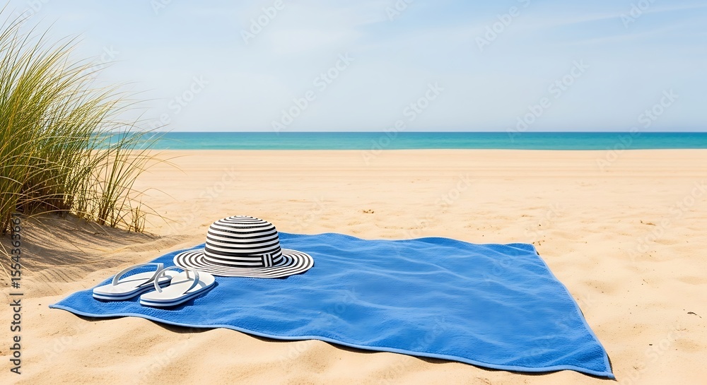 Obraz premium Beach scene with a striped hat and flip flops on a blue towel