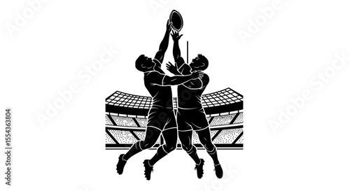 wo male Rugby players fight for the ball in flight on professional rugby stadium