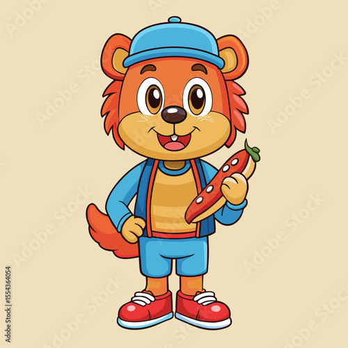 Adorable cartoon animal character illustration in a blue cap, holding a unique red toy instrument, perfect for playful designs, children's content, or charming mascot graphics