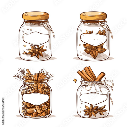 Glass spice jars with cinnamon and star anise on white background