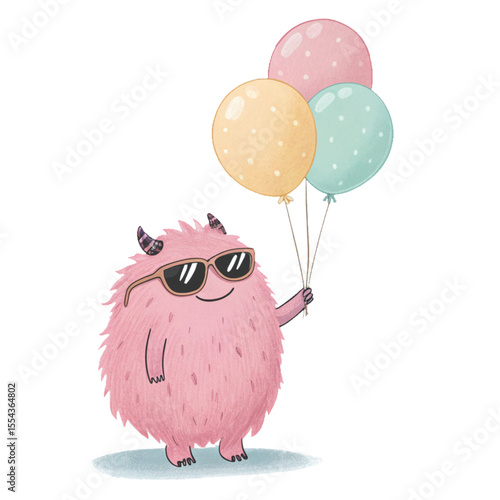 monster cartoon wearing sunglasses Holding balloons Clipart Watercolor
