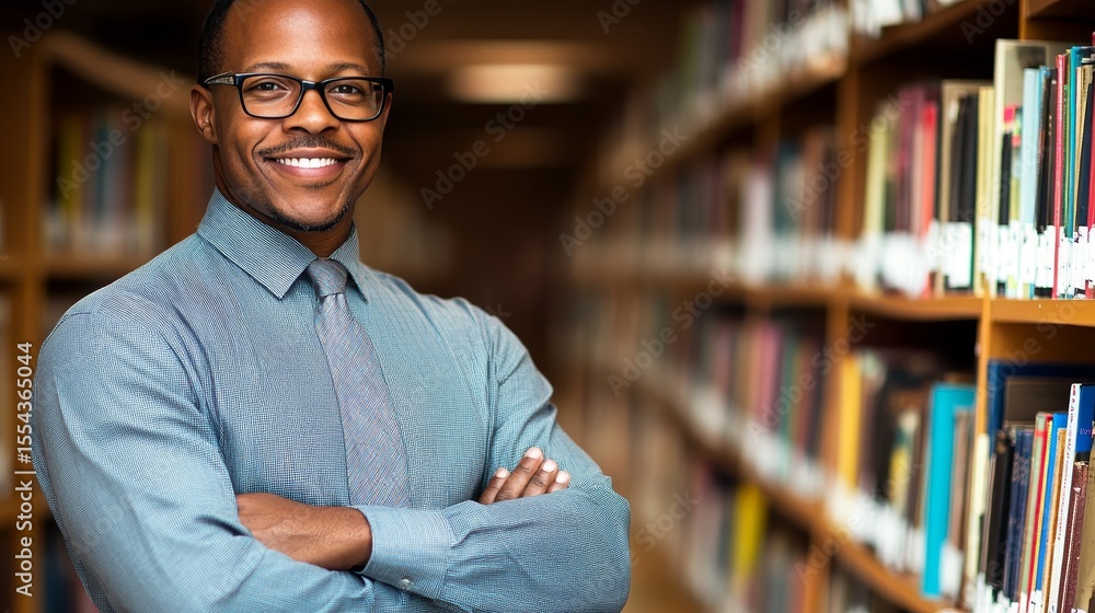 Confident African American Professional Among Bookshelves, Radiating Knowledge and Enthusiasm. Confident African American Professional Among Bookshelves, Radiating Knowledge and Enthusiasm.