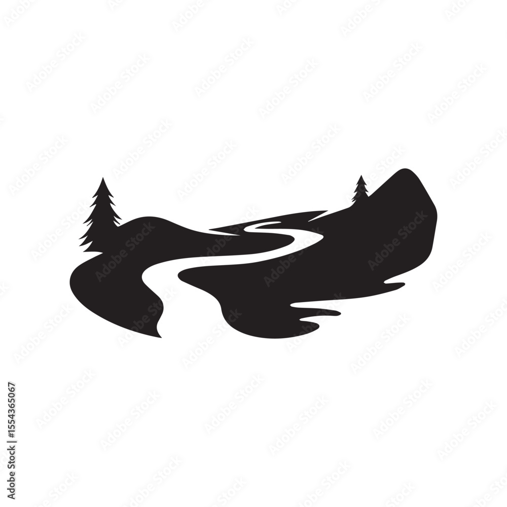 Obraz premium Logos of rivers, creeks, riverbanks and streams. River logo with combination of mountains and farmland with concept design vector illustration template