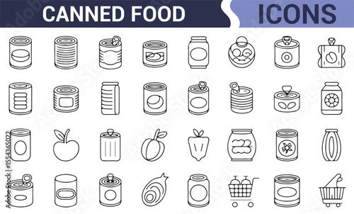 Minimal Line Art Canned Food Icons Set – Vector Collection of Preserved Food, Jars, Tins, Cans, Labels for Packaging, Cooking, and Grocery Concepts