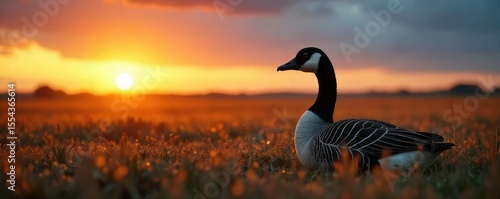 A lone goose decoy sits in a field of tall grass, under a dramatic sunrise sky, perfectly positioned for a successful hunt The scene is peaceful yet anticipates action , avian, early