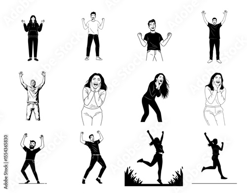 Twelve images showing people in various poses of excitement and fear.
