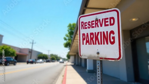 A reserved parking sign stands prominently displayed, indicating a designated, restricted area The sign is clearly visible against a backdrop of a building and a clear sky , property sign, rules, sky