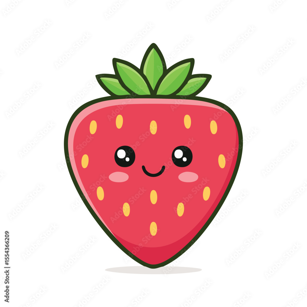 Obraz premium Cute Strawberry Vector – Minimal Flat Design with Bold Black Outline and Happy Expression