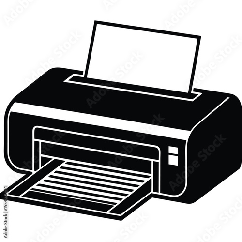 Monochrome vector icon illustrating a modern office printer actively outputting documents, symbolizing efficient workflow, digital information processing, and essential business technology