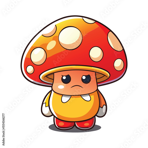 Cute Kawaii Mushroom Character Mascot with a Tired Expression, Graphic Illustration