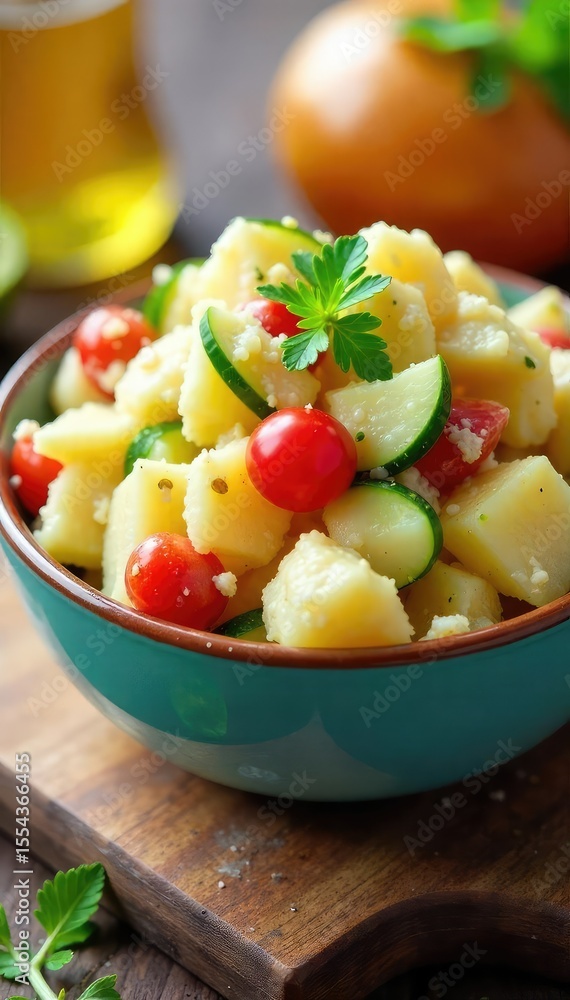A vibrant bowl overflowing with a hearty potato salad, featuring creamy dressing, crisp vegetables, and perfectly cooked potatoes Ideal for picnics, barbecues, or potlucks , homemade, delicious A vibrant bowl overflowing with a hearty potato salad, featuring creamy dressing, crisp vegetables, and perfectly cooked potatoes Ideal for picnics, barbecues, or potlucks , homemade, delicious