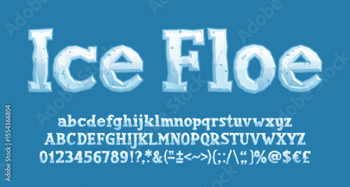 Ice Floe alphabet font. Cartoon letters, numbers and different symbols. Uppercase and lowercase. Stock vector typeface for your typography design.