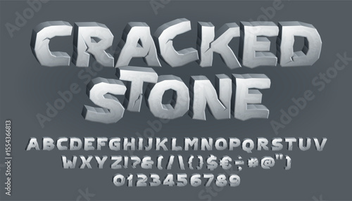 Cracked Stone cartoon alphabet font. Type letters, numbers, symbols. Stock vector typeface for your design.