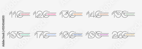 Set of anniversary logo design in outline style. From 110 to 200. Stock vector illustration for celebration event, greeting card, invitation etc. 