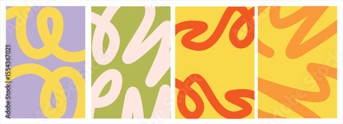 Four colorful panels featuring abstract, squiggly line patterns.
